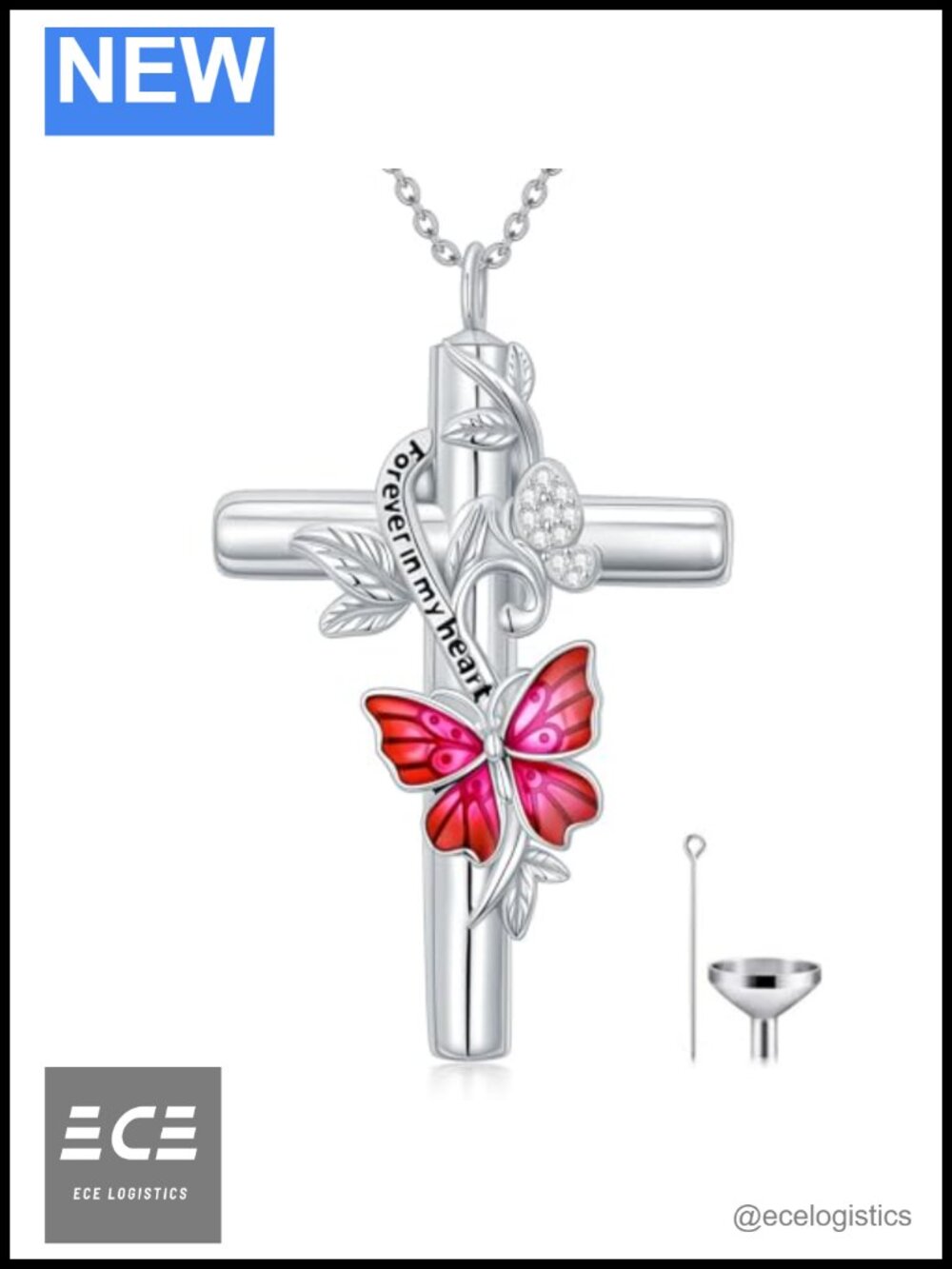 Sterling Silver Moissanite Butterfly Cross Urn Necklace 18+2 inch Adjustable